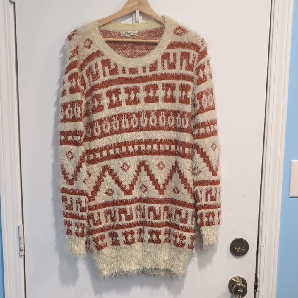 Pastel Design Cream And Orange Geometric Sweater Mohair Size M/L Stretch Fuzzy